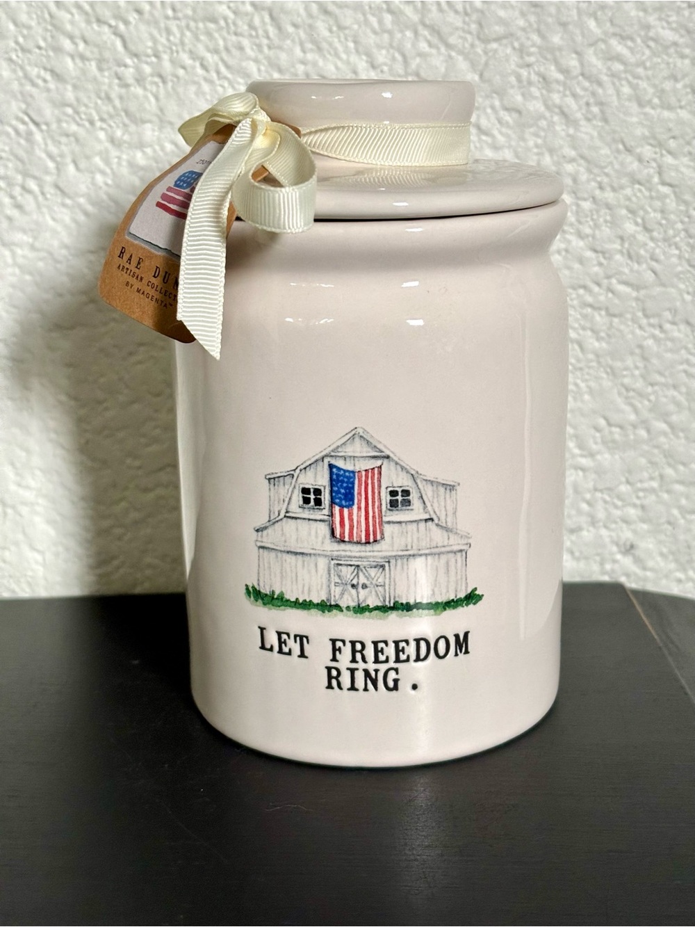 Rae Dunn LET FREEDOM RING Canister Patriotic-Themed Barn American Flag NEW